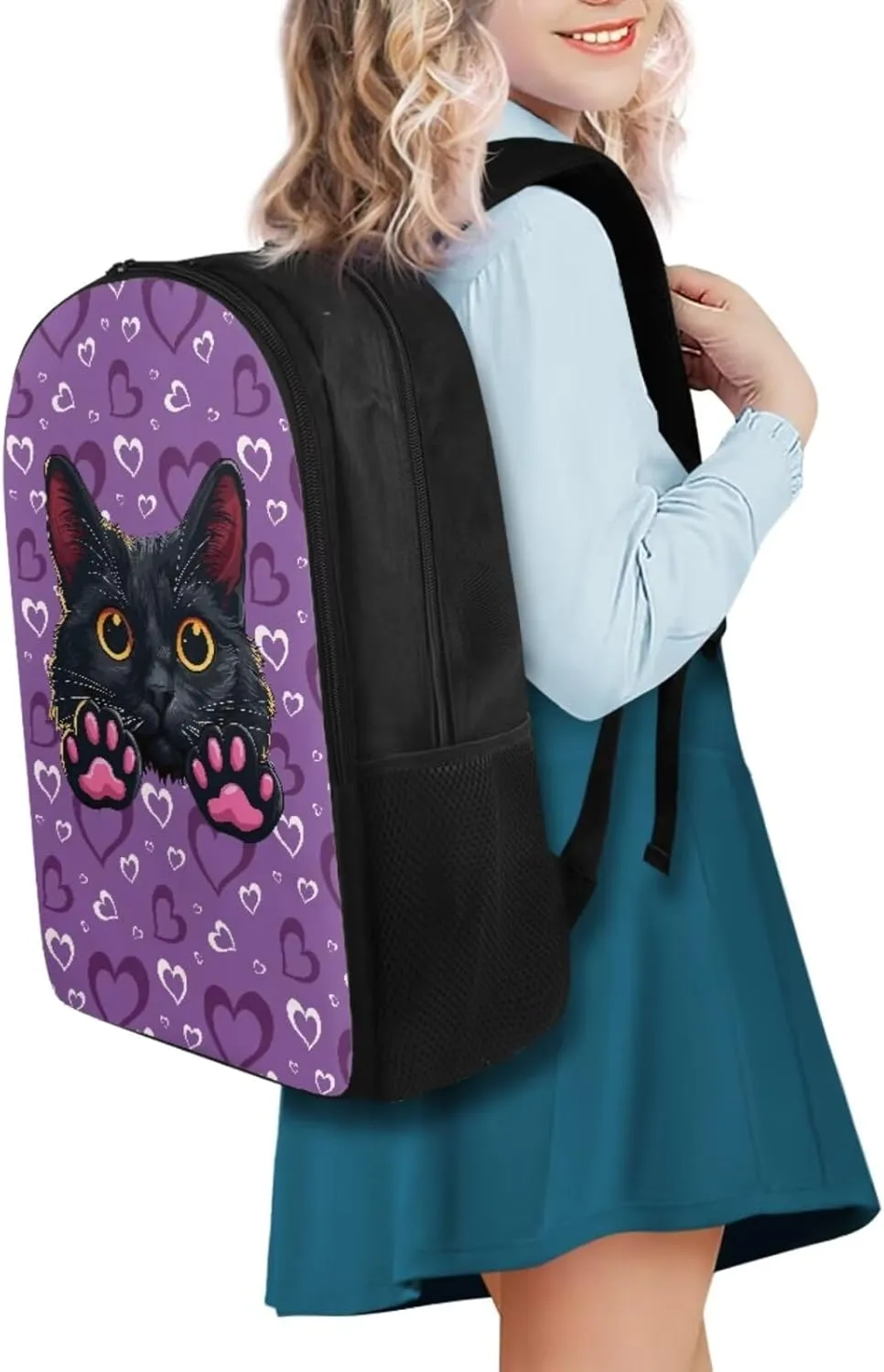 Black Cat Print Backpack Set for School Kids Backpack for Girls 6-10 Multi-functional Lightwieght Waterproof Rucksack with Insulated Portable Meal Bag Pencil Case 3 in 1
