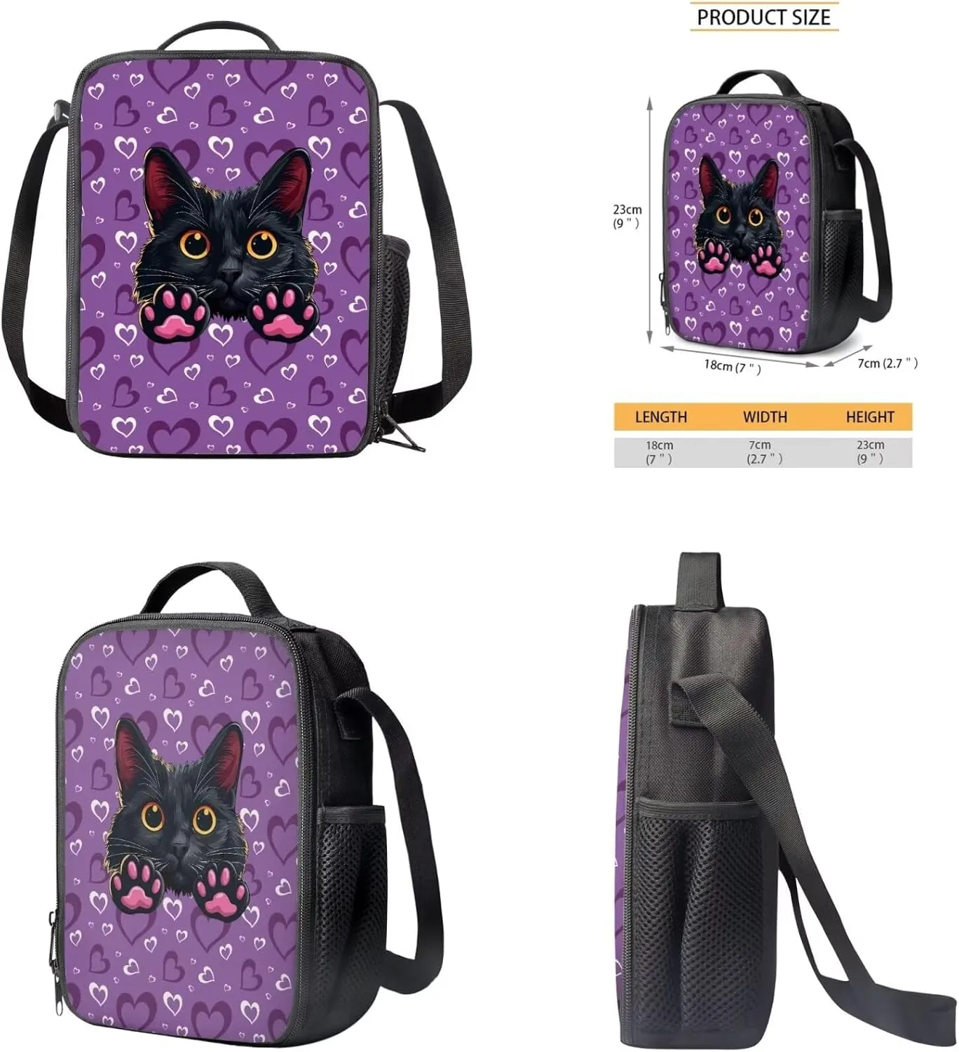 Black Cat Print Backpack Set for School Kids Backpack for Girls 6-10 Multi-functional Lightwieght Waterproof Rucksack with Insulated Portable Meal Bag Pencil Case 3 in 1
