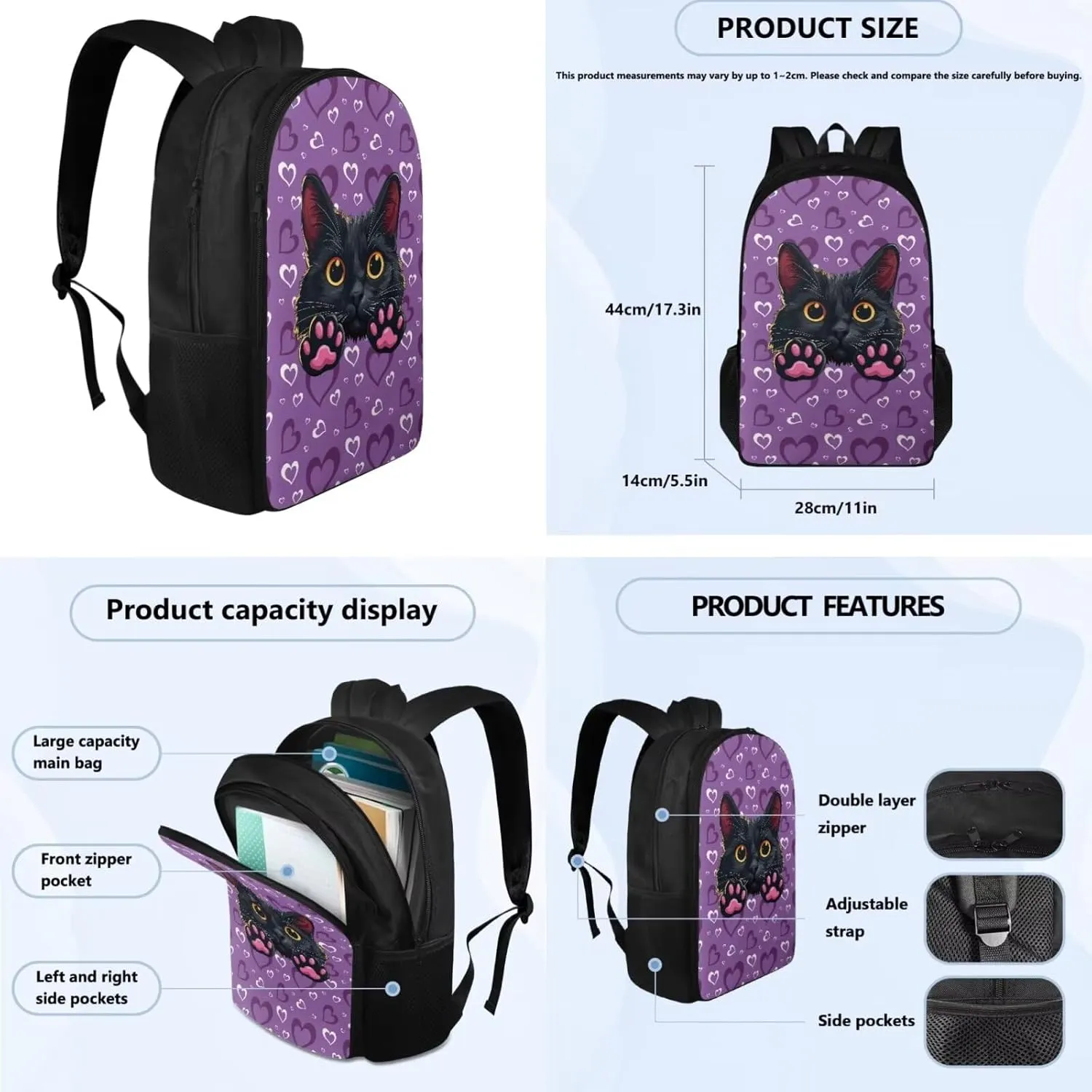 Black Cat Print Backpack Set for School Kids Backpack for Girls 6-10 Multi-functional Lightwieght Waterproof Rucksack with Insulated Portable Meal Bag Pencil Case 3 in 1