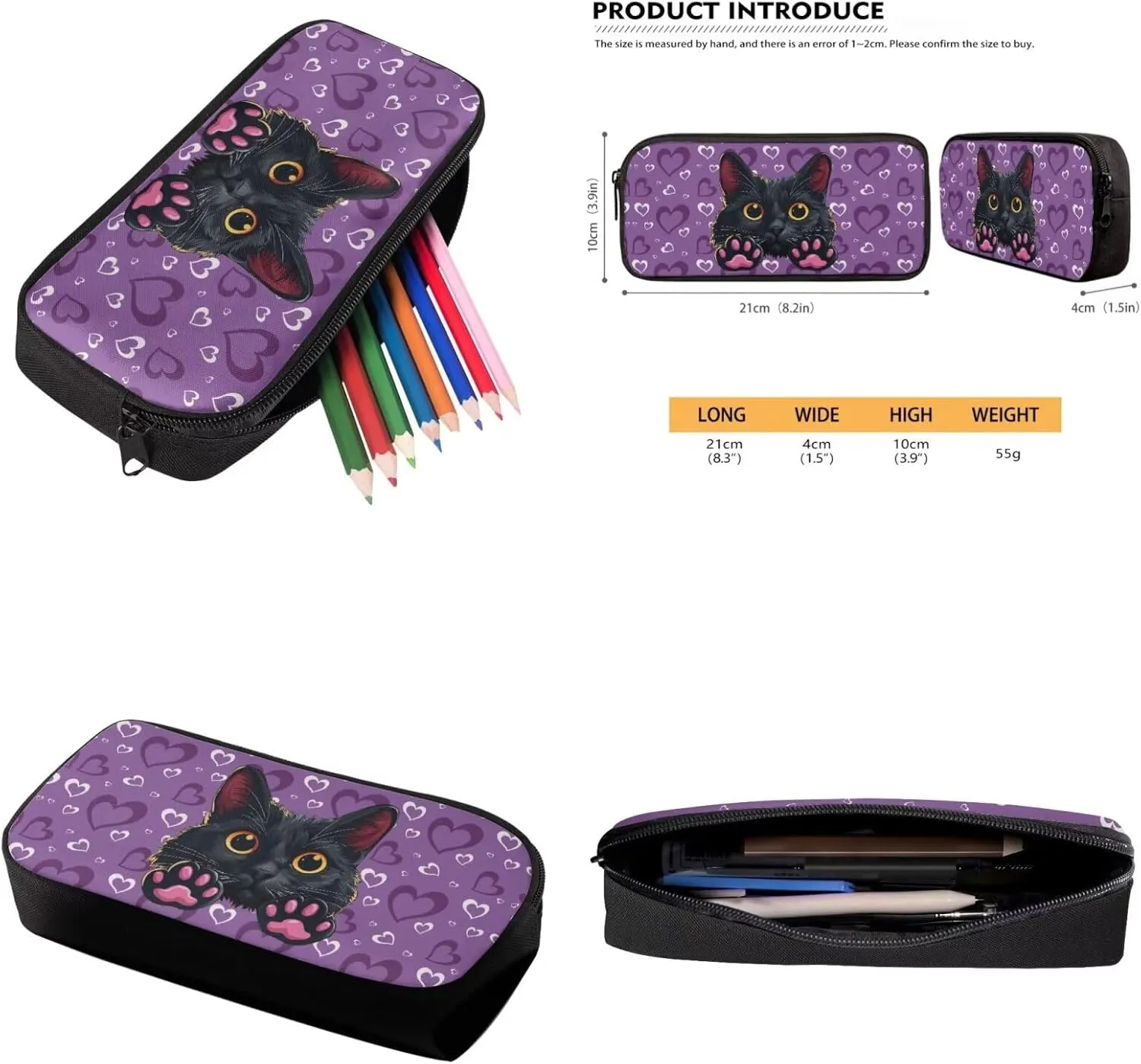 Black Cat Print Backpack Set for School Kids Backpack for Girls 6-10 Multi-functional Lightwieght Waterproof Rucksack with Insulated Portable Meal Bag Pencil Case 3 in 1