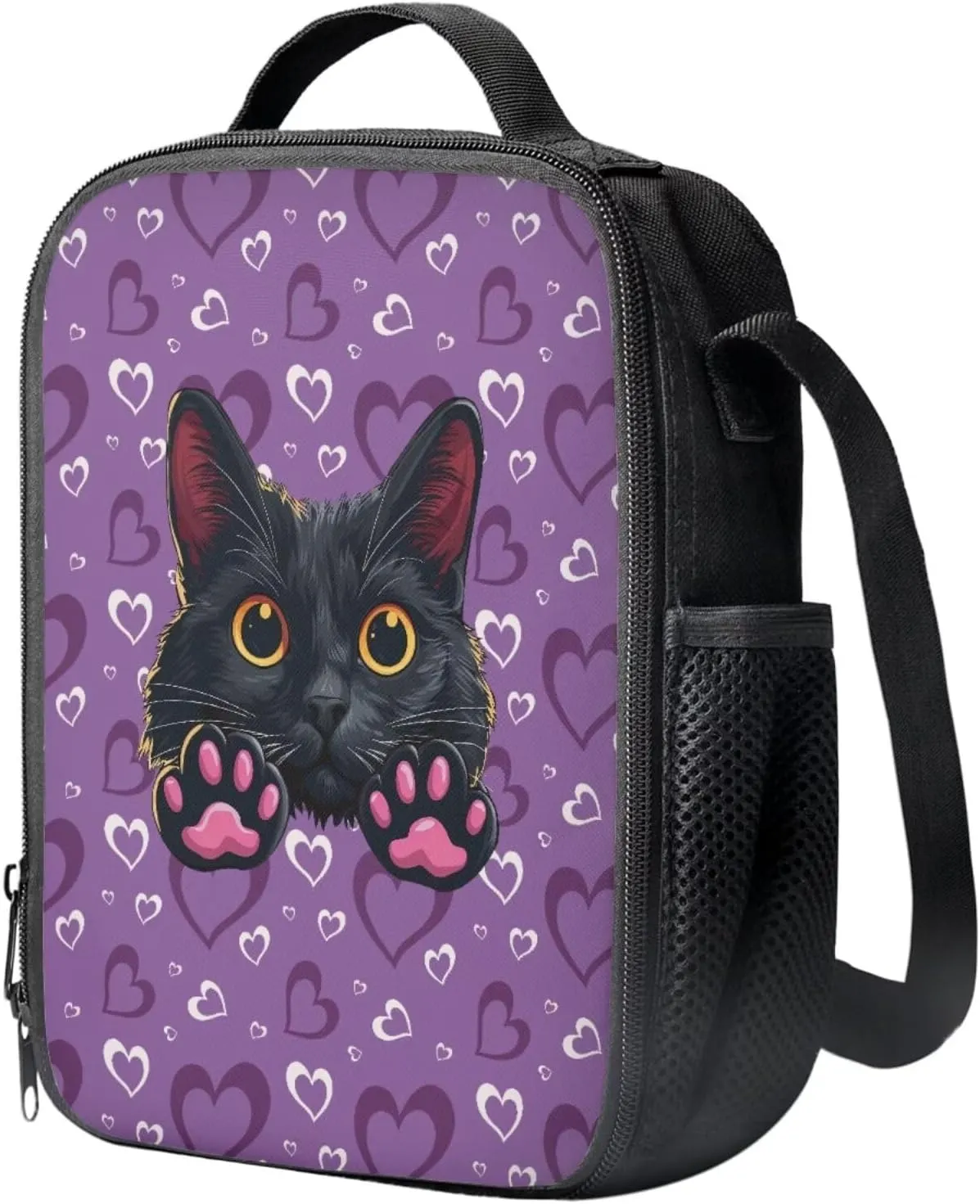 Black Cat Print Backpack Set for School Kids Backpack for Girls 6-10 Multi-functional Lightwieght Waterproof Rucksack with Insulated Portable Meal Bag Pencil Case 3 in 1