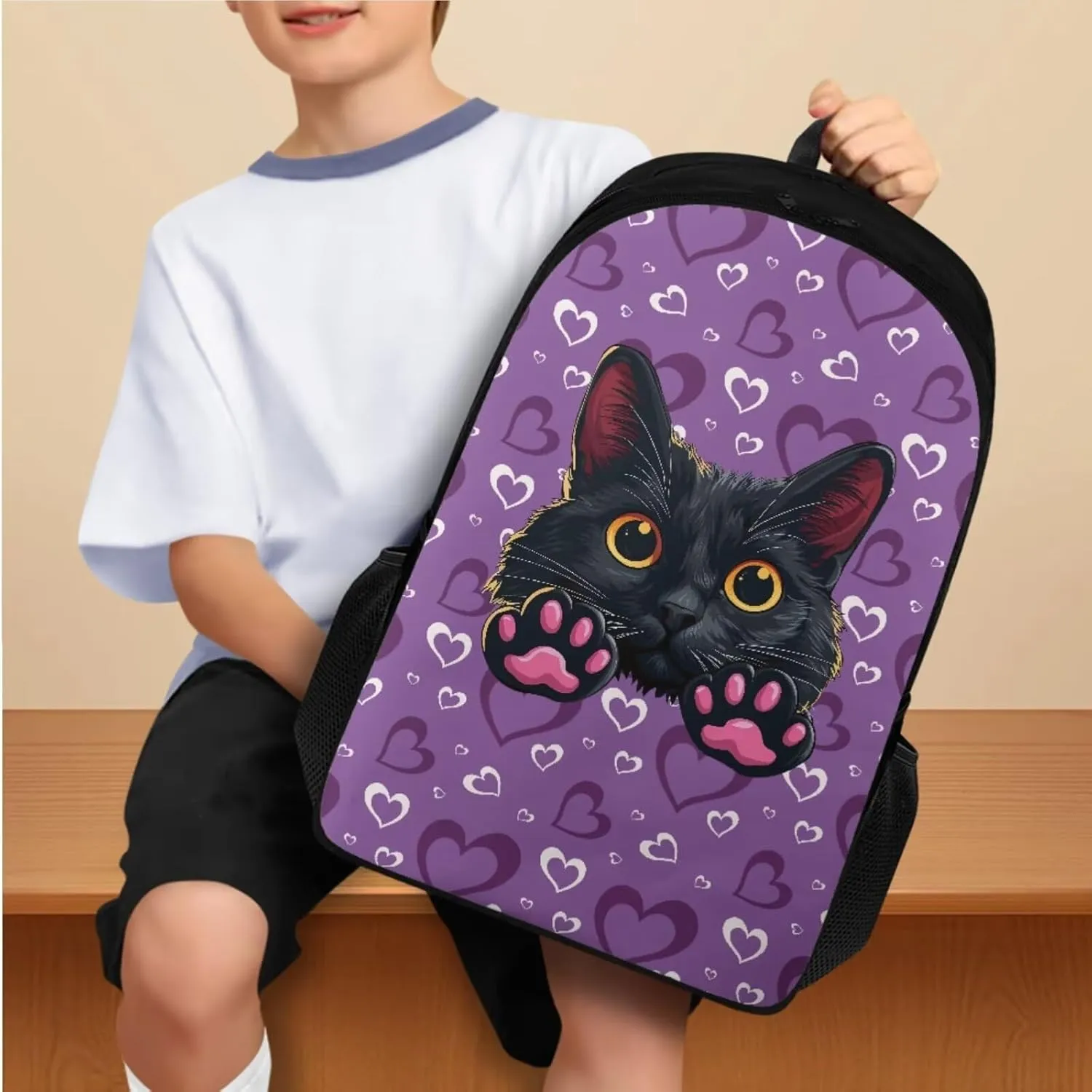 Black Cat Print Backpack Set for School Kids Backpack for Girls 6-10 Multi-functional Lightwieght Waterproof Rucksack with Insulated Portable Meal Bag Pencil Case 3 in 1