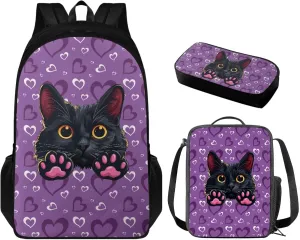 Black Cat Print Backpack Set for School Kids Backpack for Girls 6-10 Multi-functional Lightwieght Waterproof Rucksack with Insulated Portable Meal Bag Pencil Case 3 in 1