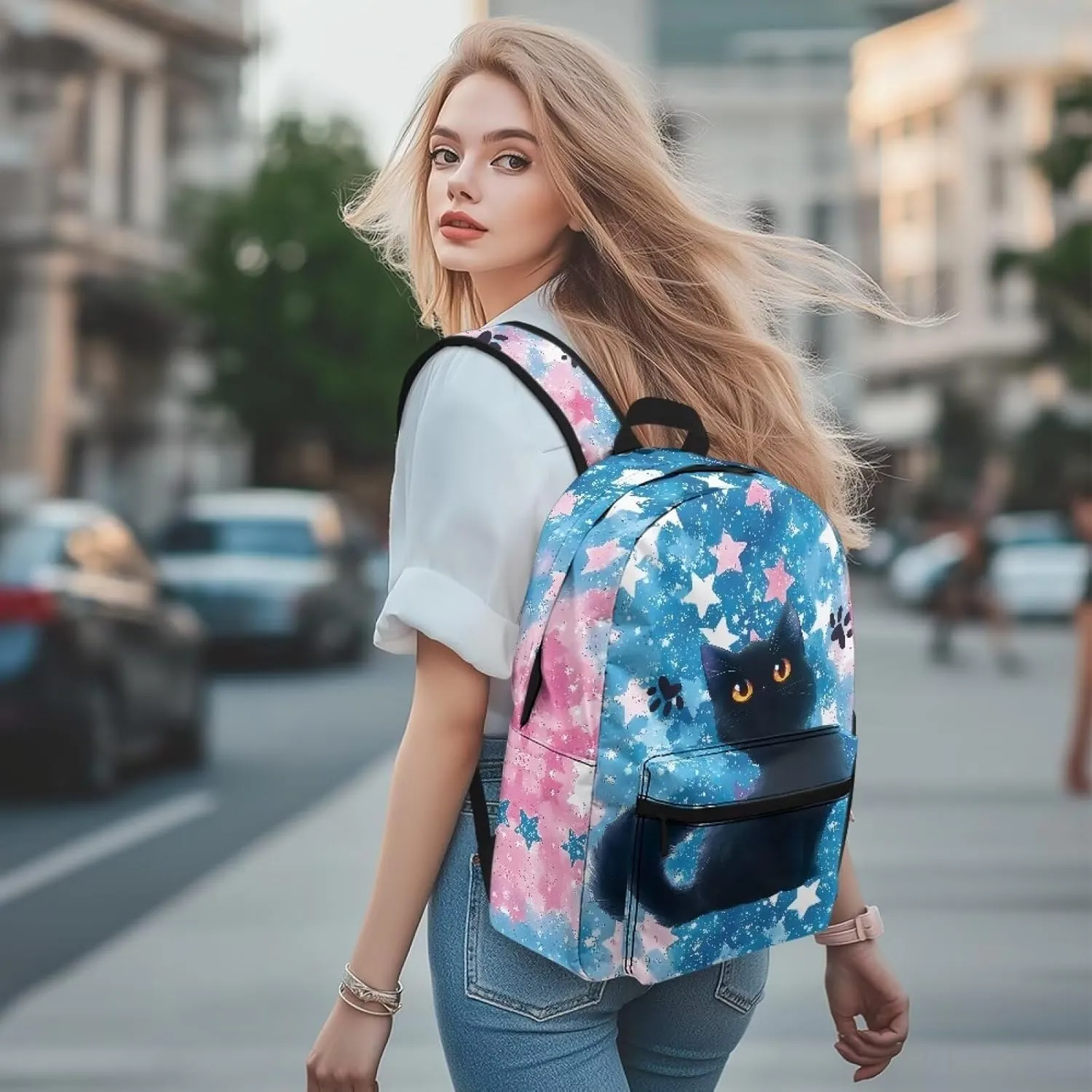 Black Cat Star Trendy Backpack for Men with 2 Compartments Adjustable Straps Large Computer Bag Rucksack Stylish Double zipper Design Travel Outing Bag