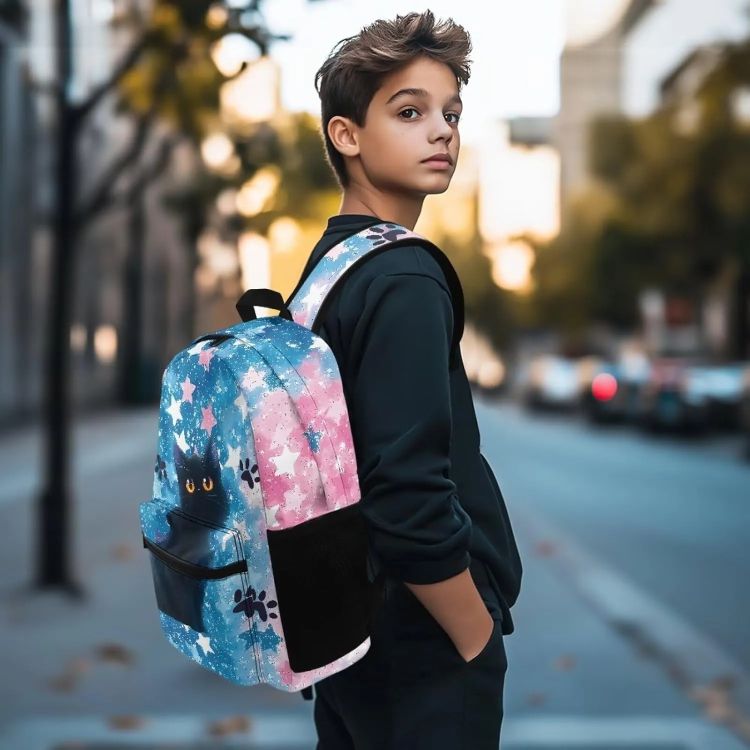 Black Cat Star Trendy Backpack for Men with 2 Compartments Adjustable Straps Large Computer Bag Rucksack Stylish Double zipper Design Travel Outing Bag