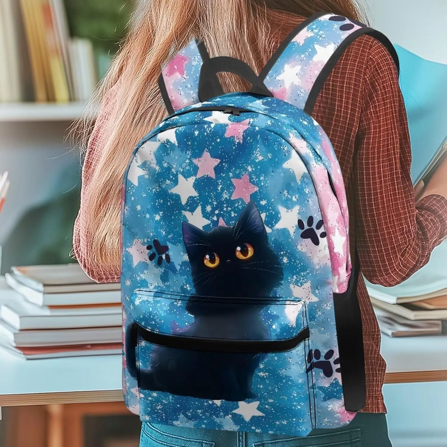 Black Cat Star Trendy Backpack for Men with 2 Compartments Adjustable Straps Large Computer Bag Rucksack Stylish Double zipper Design Travel Outing Bag