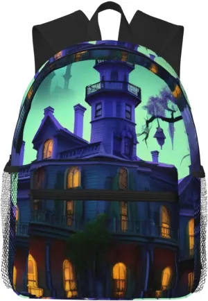 Black Haunted Mansion Print Large Capacity Lightweight Travel Casual Backpack Shoulder Bag Daypack for Men Women