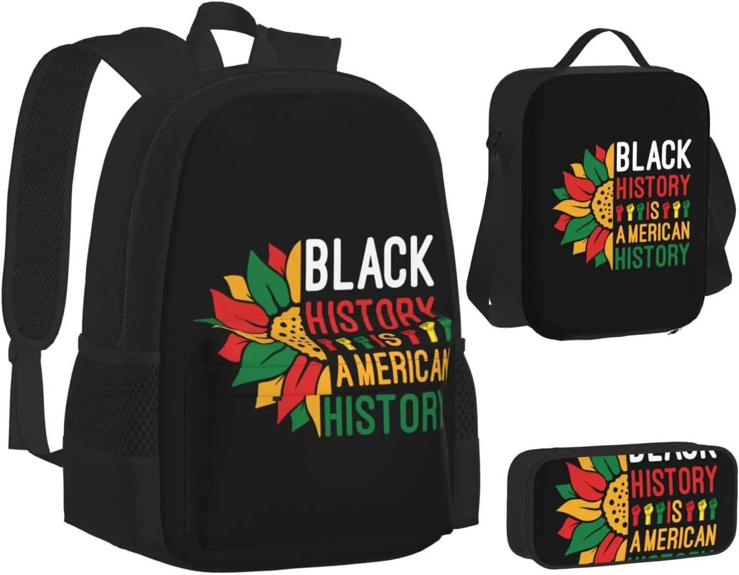 Black History Is American History Pride Multifunctional Pocket Backpack Crossbody Lunch Bag Pencil Case 3Pcs Set Large Capacity Backpack