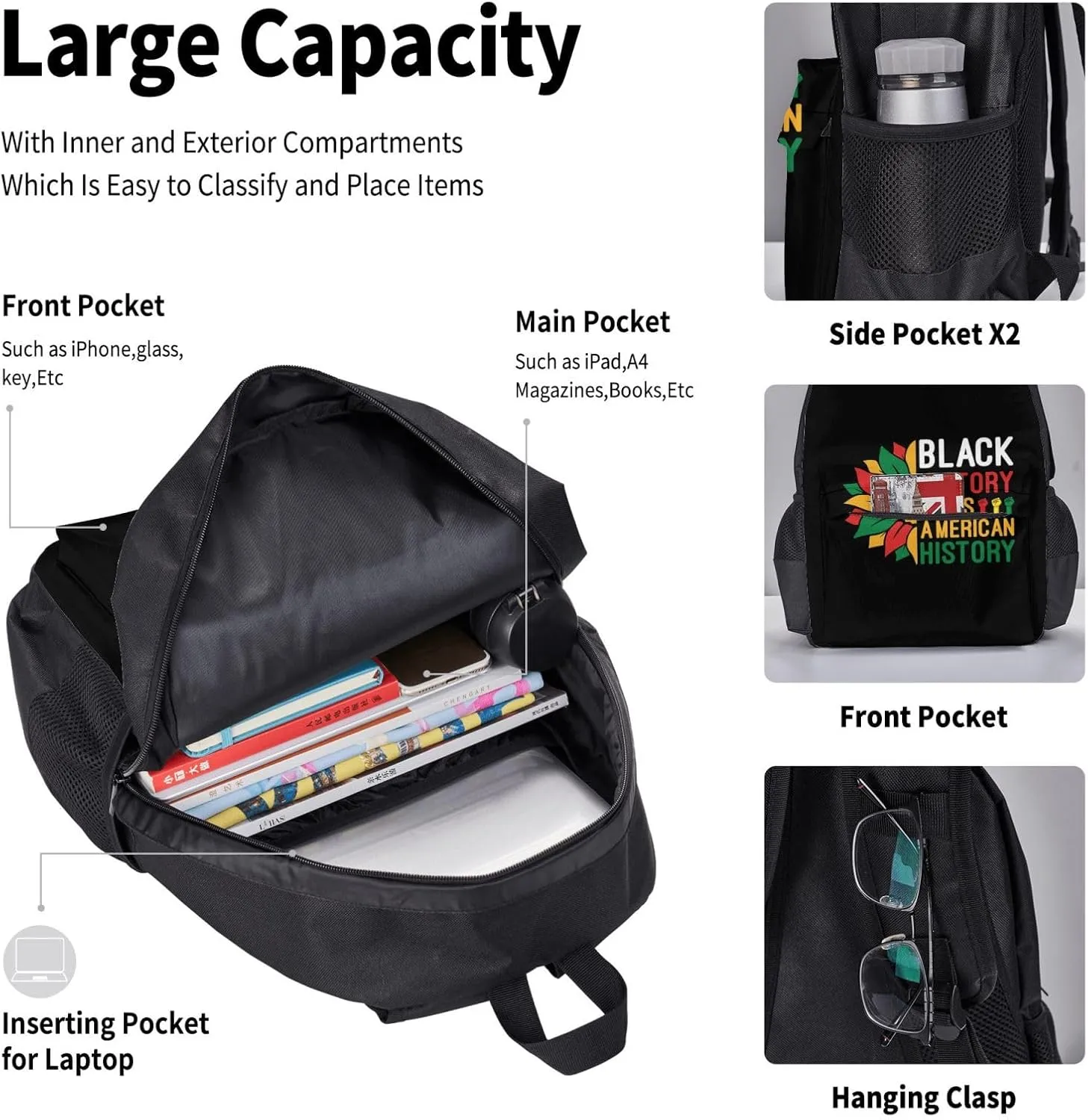 Black History Is American History Pride Multifunctional Pocket Backpack Crossbody Lunch Bag Pencil Case 3Pcs Set Large Capacity Backpack