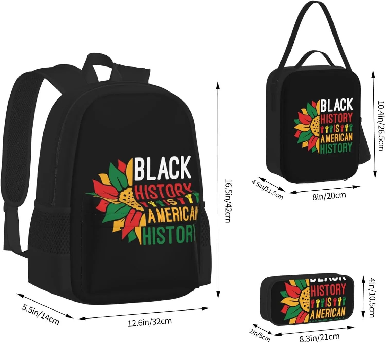 Black History Is American History Pride Multifunctional Pocket Backpack Crossbody Lunch Bag Pencil Case 3Pcs Set Large Capacity Backpack