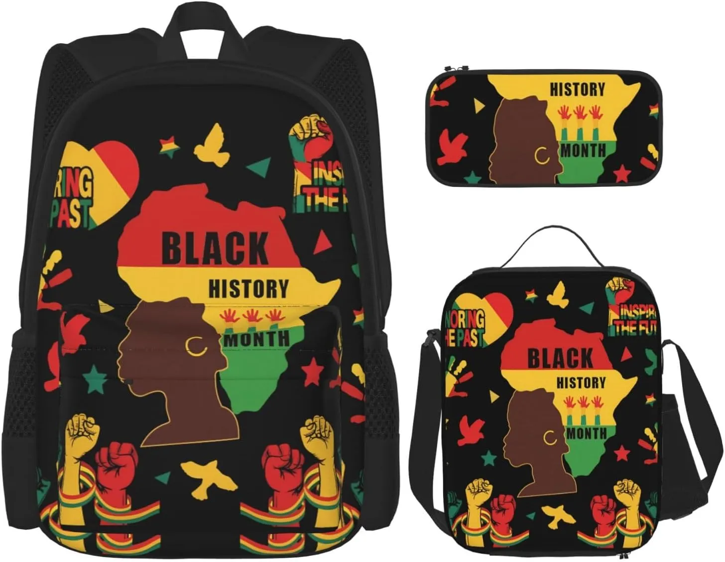 Black History Month Women Celebrate Gifts Multifunctional Pocket Backpack Crossbody Lunch Bag Pencil Case 3Pcs Set Large Capacity Backpack