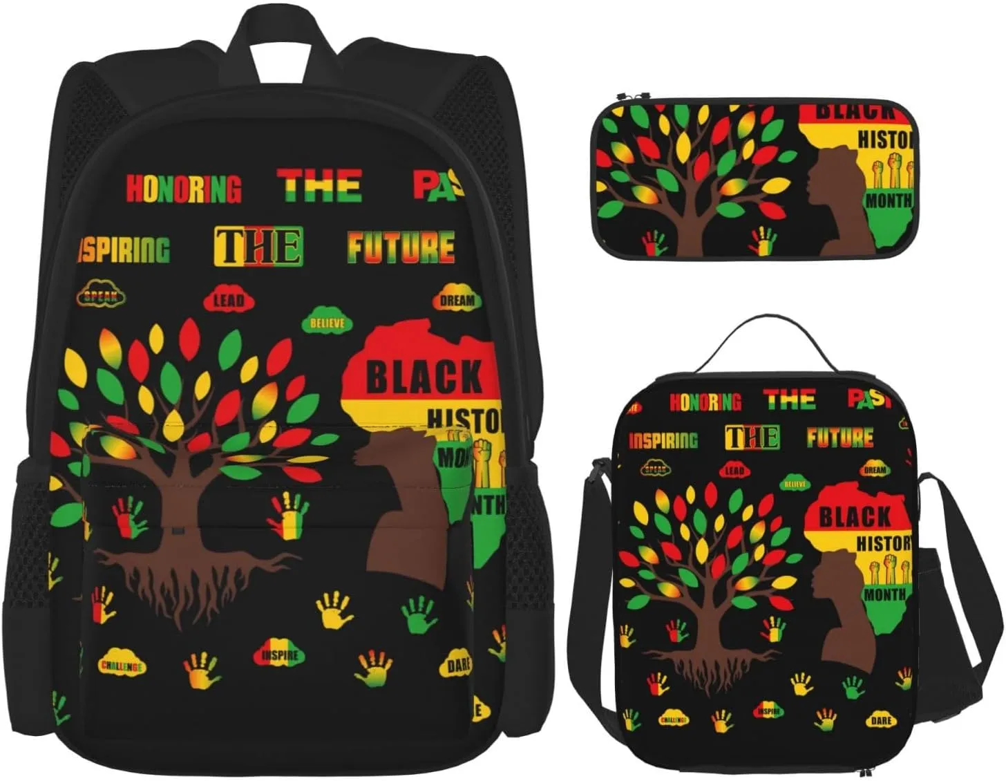 Black History Month Women Celebrate Gifts Multifunctional Pocket Backpack Crossbody Lunch Bag Pencil Case 3Pcs Set Large Capacity Backpack