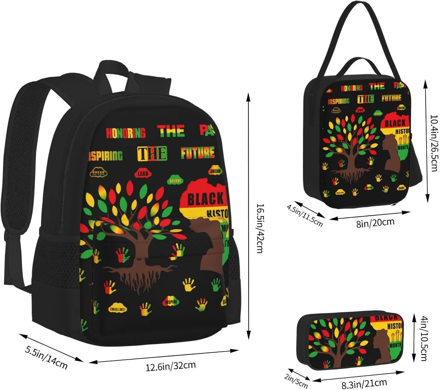 Black History Month Women Celebrate Gifts Multifunctional Pocket Backpack Crossbody Lunch Bag Pencil Case 3Pcs Set Large Capacity Backpack