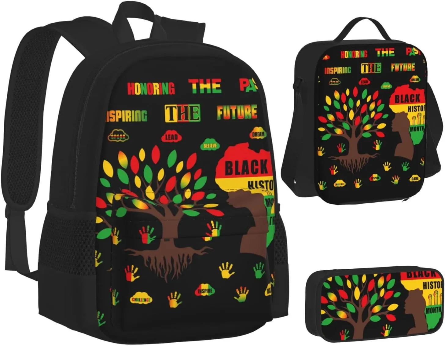 Black History Month Women Celebrate Gifts Multifunctional Pocket Backpack Crossbody Lunch Bag Pencil Case 3Pcs Set Large Capacity Backpack