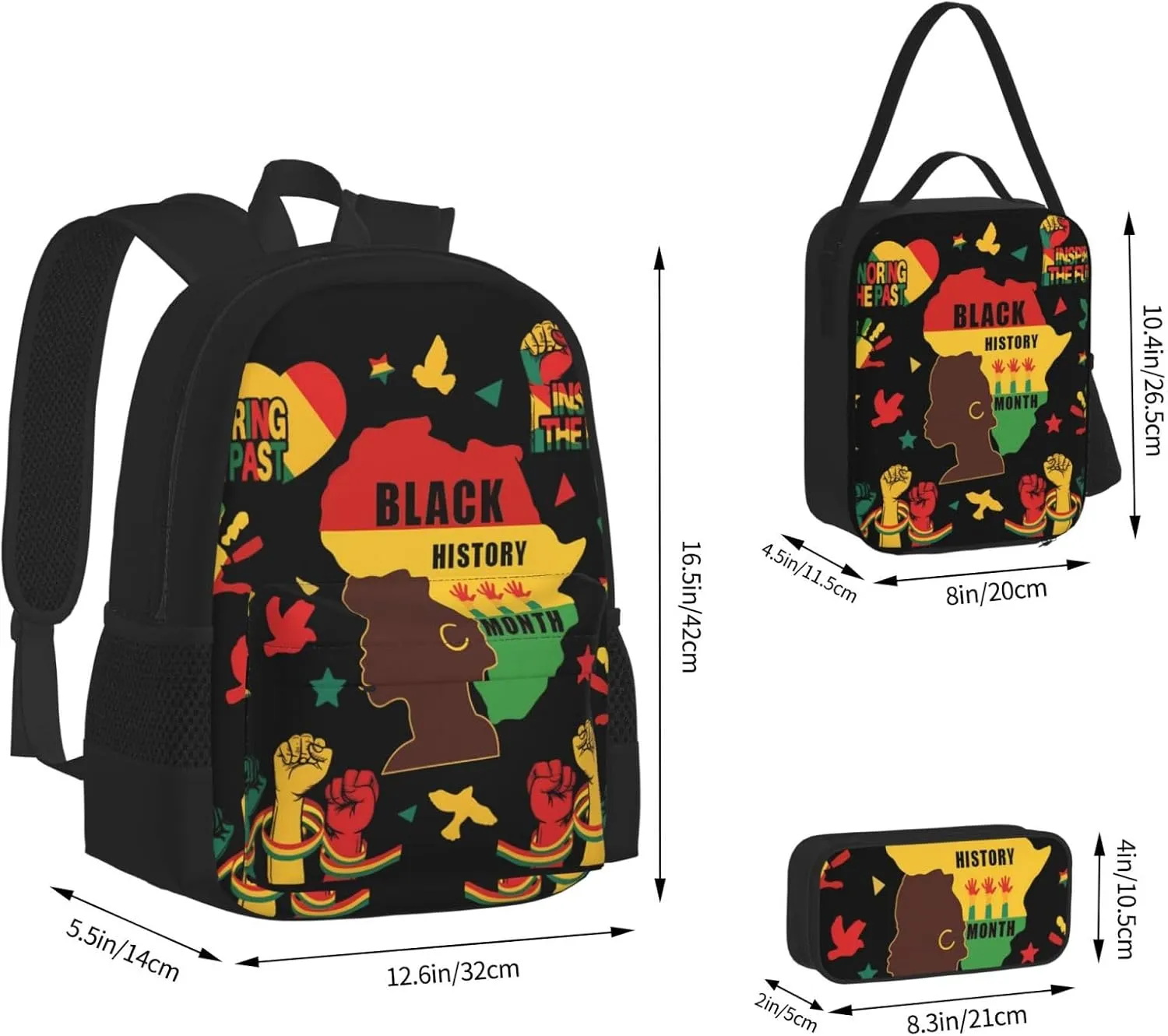 Black History Month Women Celebrate Gifts Multifunctional Pocket Backpack Crossbody Lunch Bag Pencil Case 3Pcs Set Large Capacity Backpack