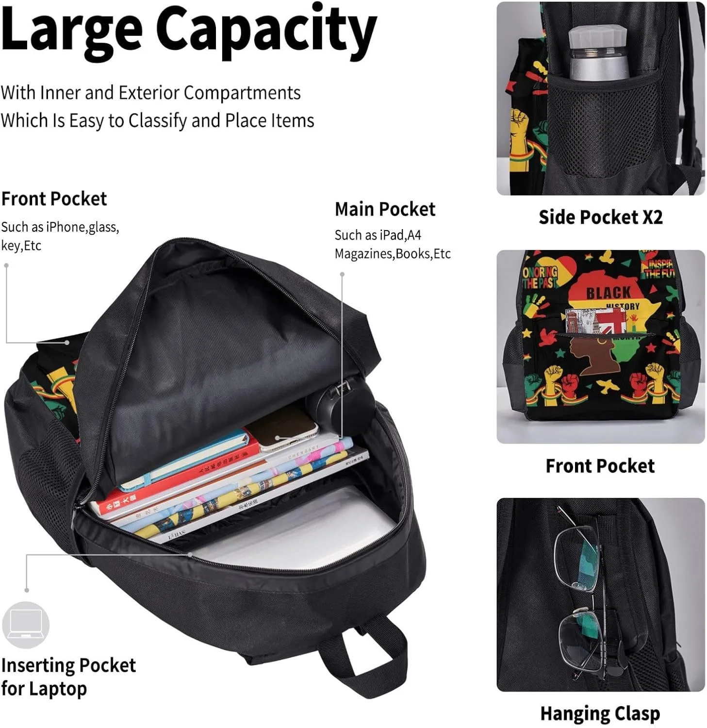 Black History Month Women Celebrate Gifts Multifunctional Pocket Backpack Crossbody Lunch Bag Pencil Case 3Pcs Set Large Capacity Backpack