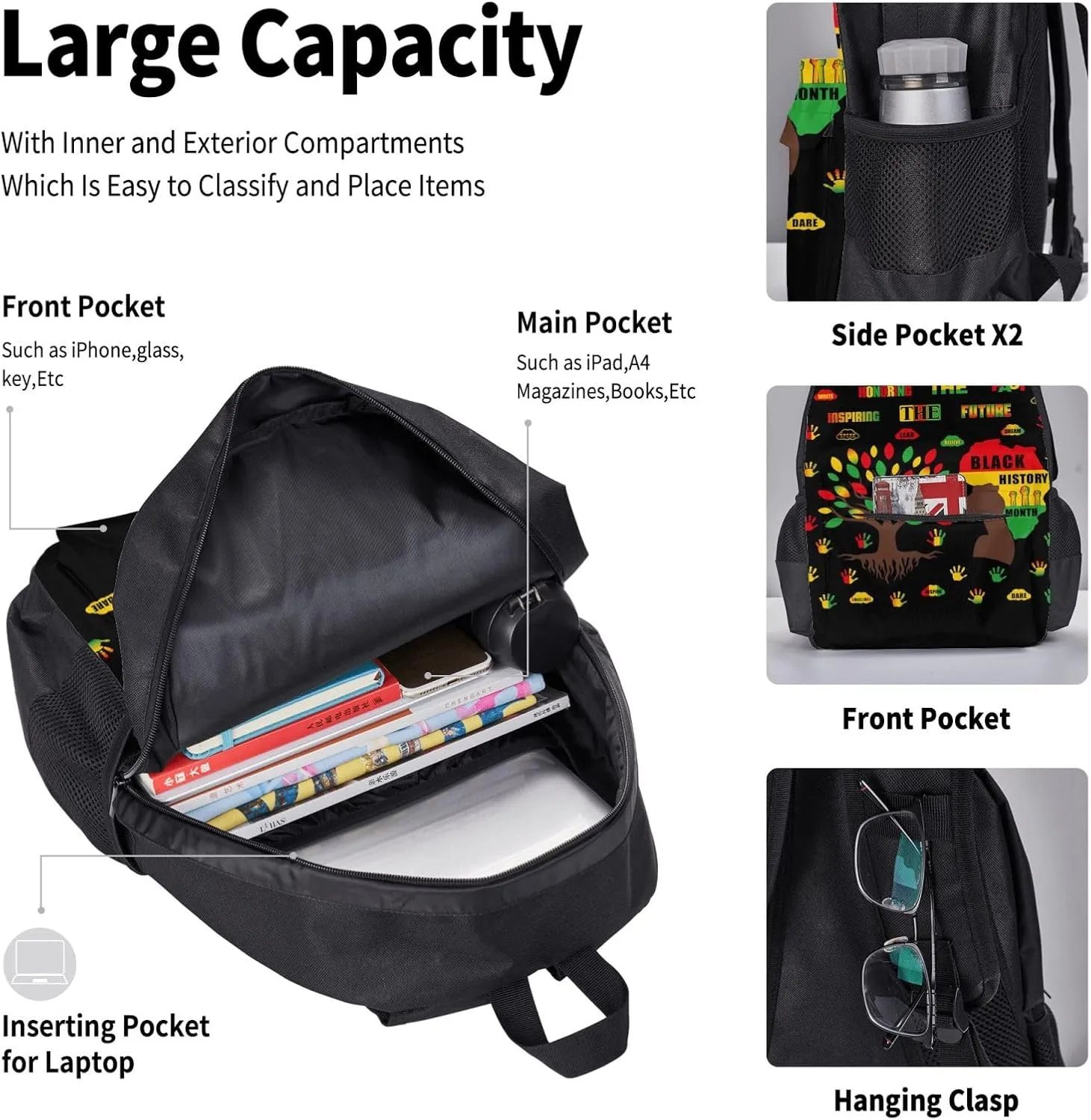 Black History Month Women Celebrate Gifts Multifunctional Pocket Backpack Crossbody Lunch Bag Pencil Case 3Pcs Set Large Capacity Backpack