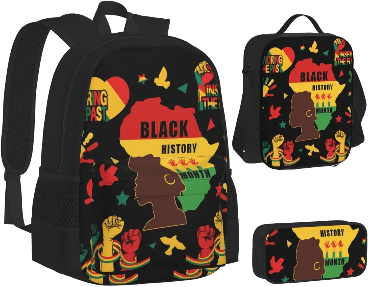 Black History Month Women Celebrate Gifts Multifunctional Pocket Backpack Crossbody Lunch Bag Pencil Case 3Pcs Set Large Capacity Backpack