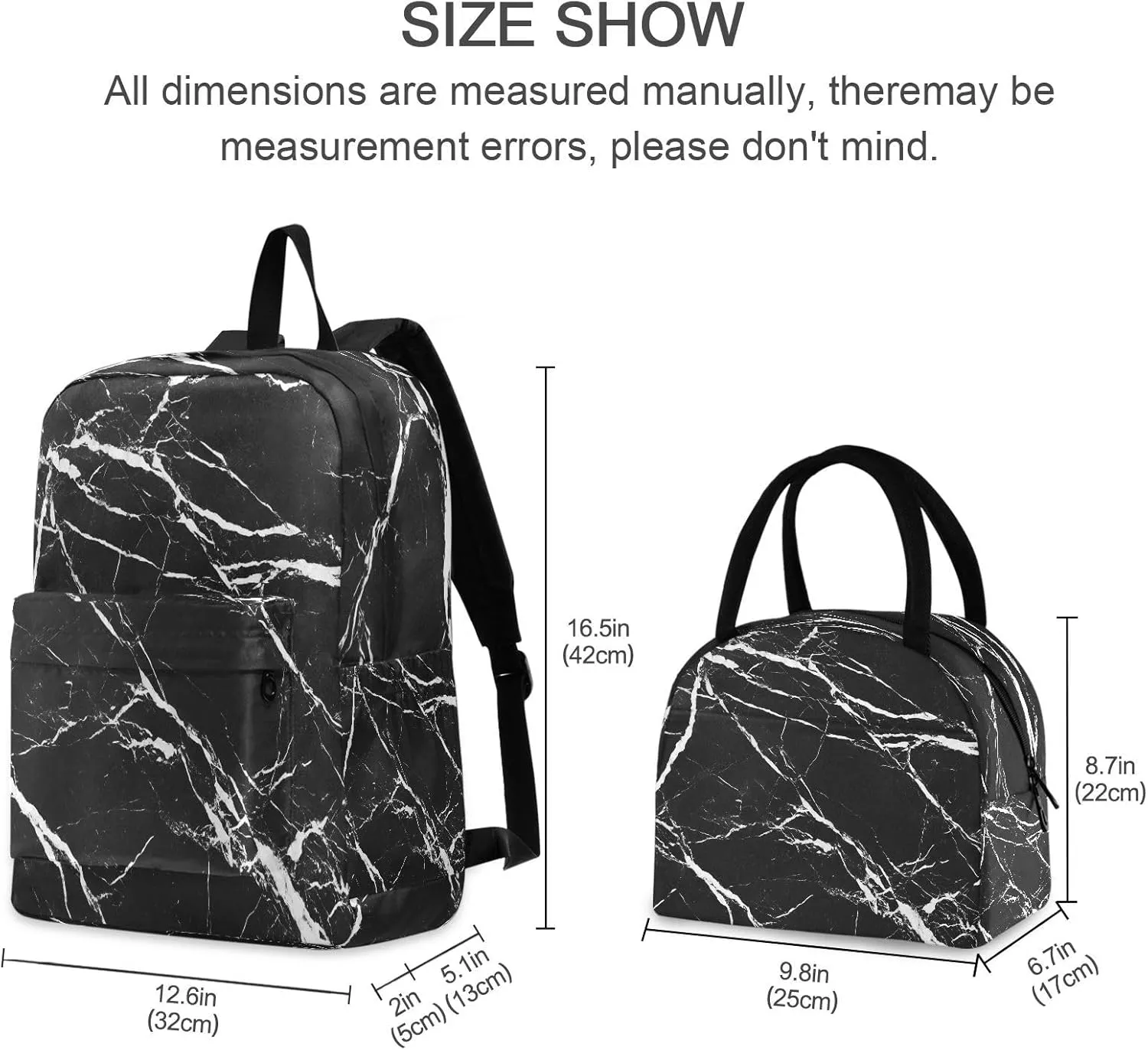 Black Marble Texture White Veins Backpack Set with Lunch Bag for Girls Boys Elementary Primary School Kids Lightweight Daypack Set