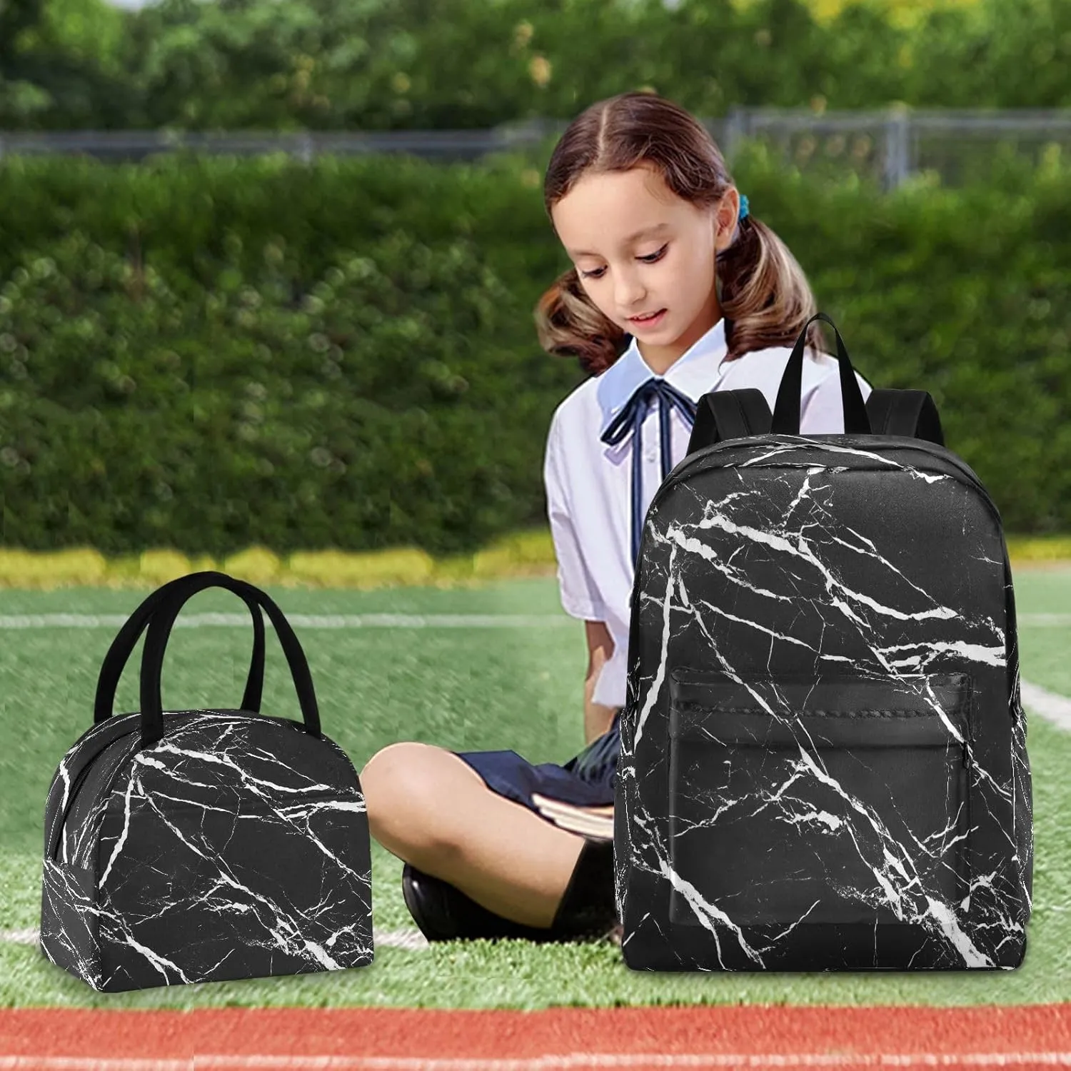 Black Marble Texture White Veins Backpack Set with Lunch Bag for Girls Boys Elementary Primary School Kids Lightweight Daypack Set