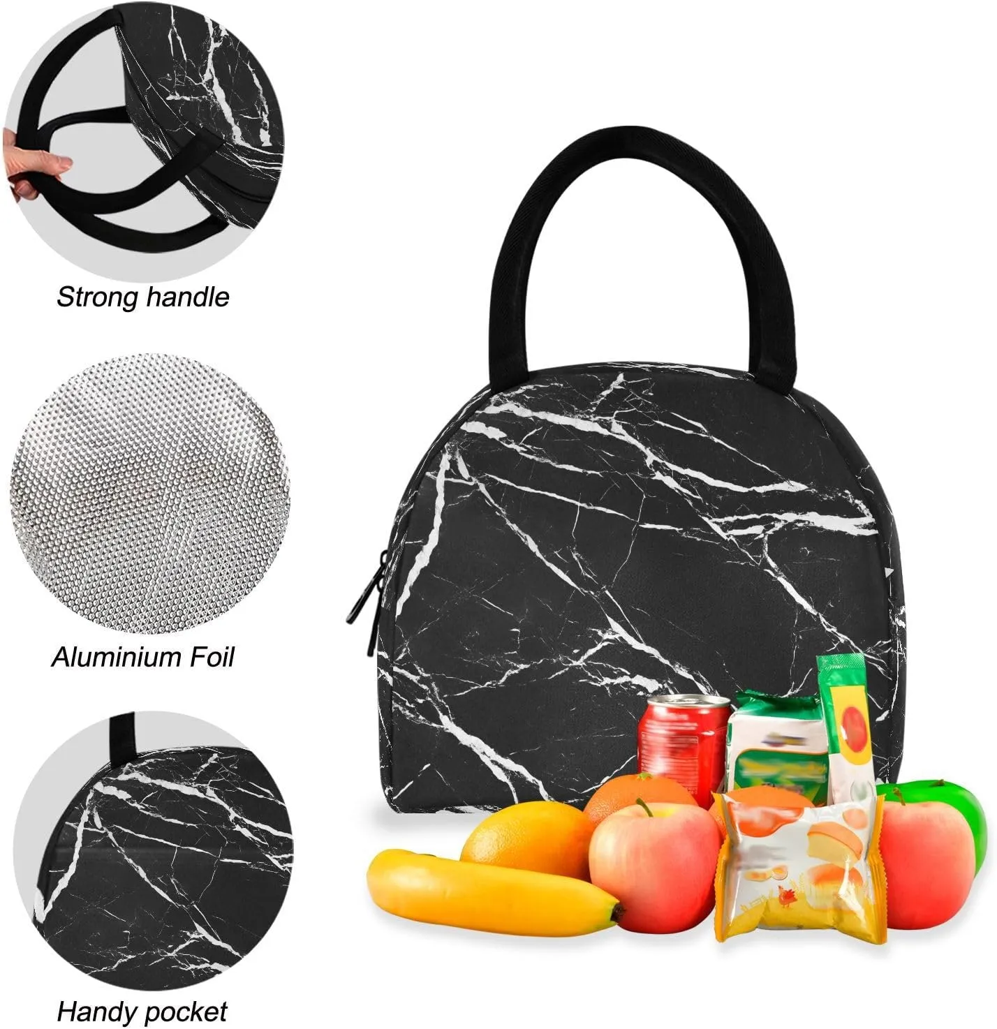 Black Marble Texture White Veins Backpack Set with Lunch Bag for Girls Boys Elementary Primary School Kids Lightweight Daypack Set