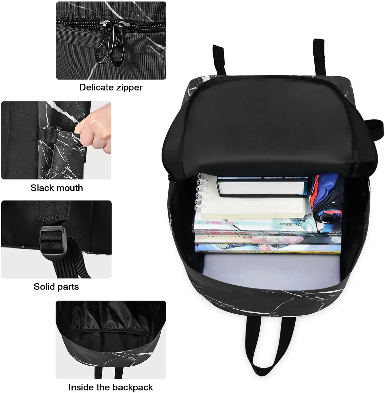 Black Marble Texture White Veins Backpack Set with Lunch Bag for Girls Boys Elementary Primary School Kids Lightweight Daypack Set