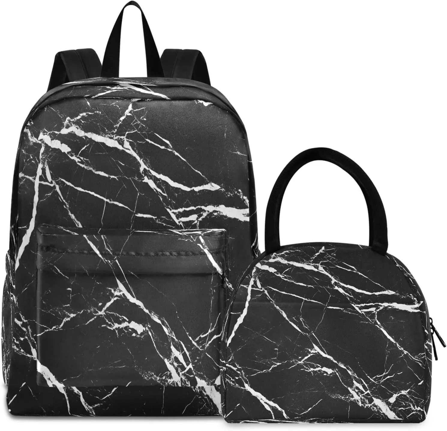 Black Marble Texture White Veins Backpack Set with Lunch Bag for Girls Boys Elementary Primary School Kids Lightweight Daypack Set