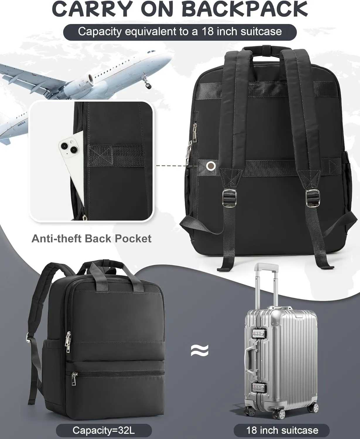 Black Travel Backpack - Carry On Flight Approved Large Travel Bag For Women - Personal Item Laptop Teacher Work Backpack For Traveling On Airplane