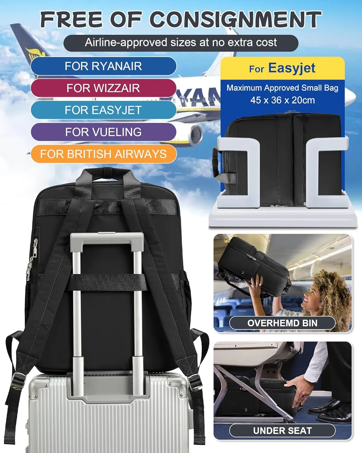 Black Travel Backpack - Carry On Flight Approved Large Travel Bag For Women - Personal Item Laptop Teacher Work Backpack For Traveling On Airplane