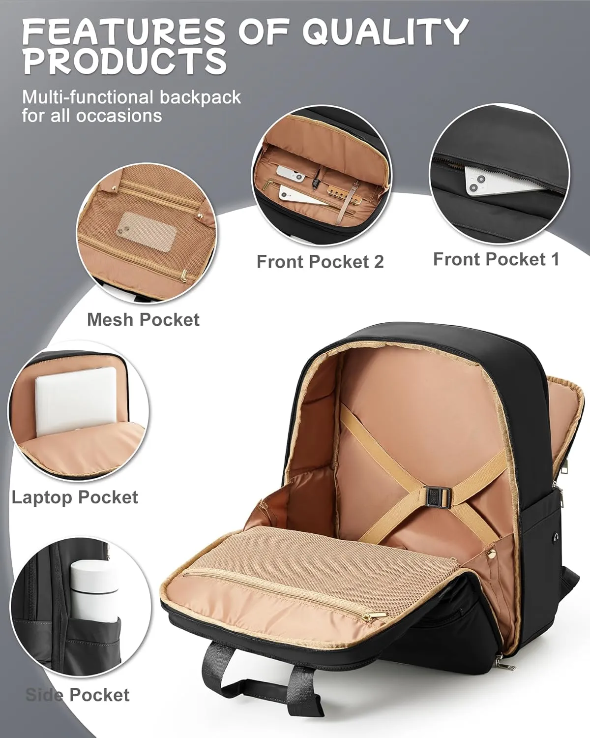 Black Travel Backpack - Carry On Flight Approved Large Travel Bag For Women - Personal Item Laptop Teacher Work Backpack For Traveling On Airplane