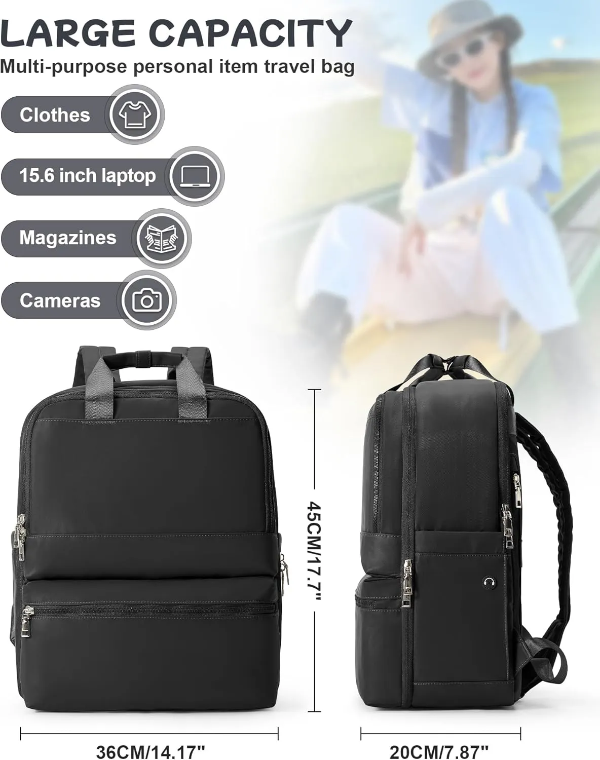 Black Travel Backpack - Carry On Flight Approved Large Travel Bag For Women - Personal Item Laptop Teacher Work Backpack For Traveling On Airplane