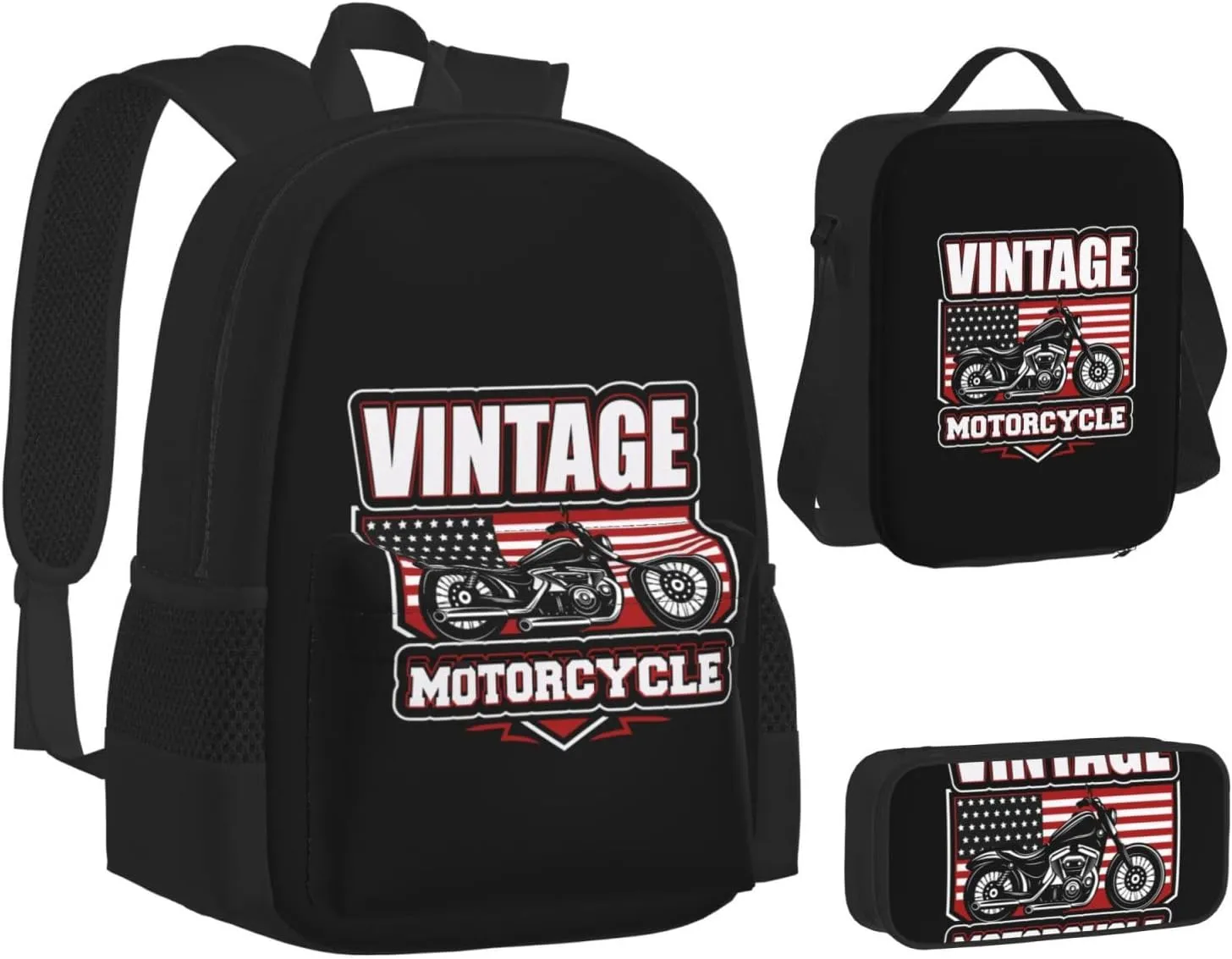 Black White Vintage Motorcycle With American Flag Multifunctional Pocket Backpack Crossbody Lunch Bag Pencil Case 3Pcs Set Large Capacity Backpack