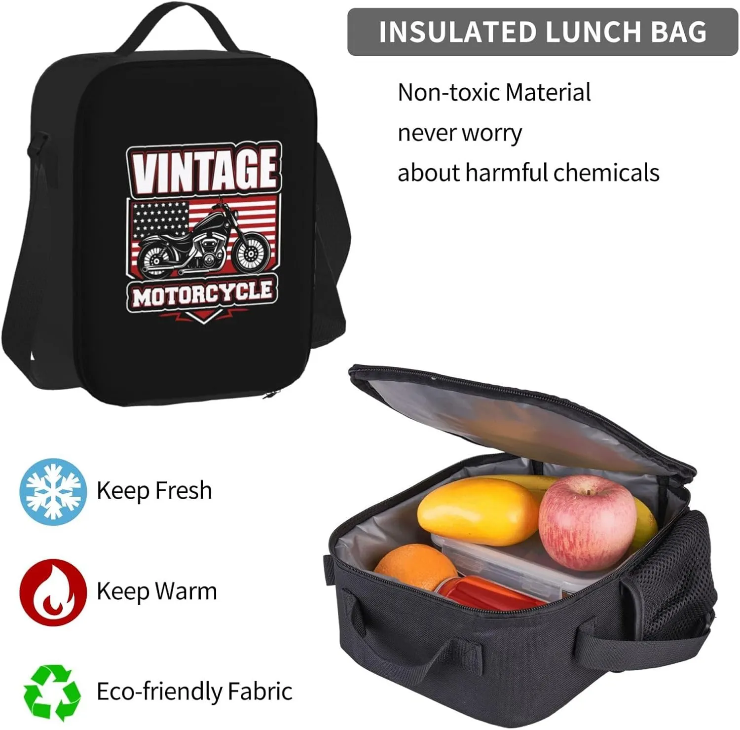 Black White Vintage Motorcycle With American Flag Multifunctional Pocket Backpack Crossbody Lunch Bag Pencil Case 3Pcs Set Large Capacity Backpack
