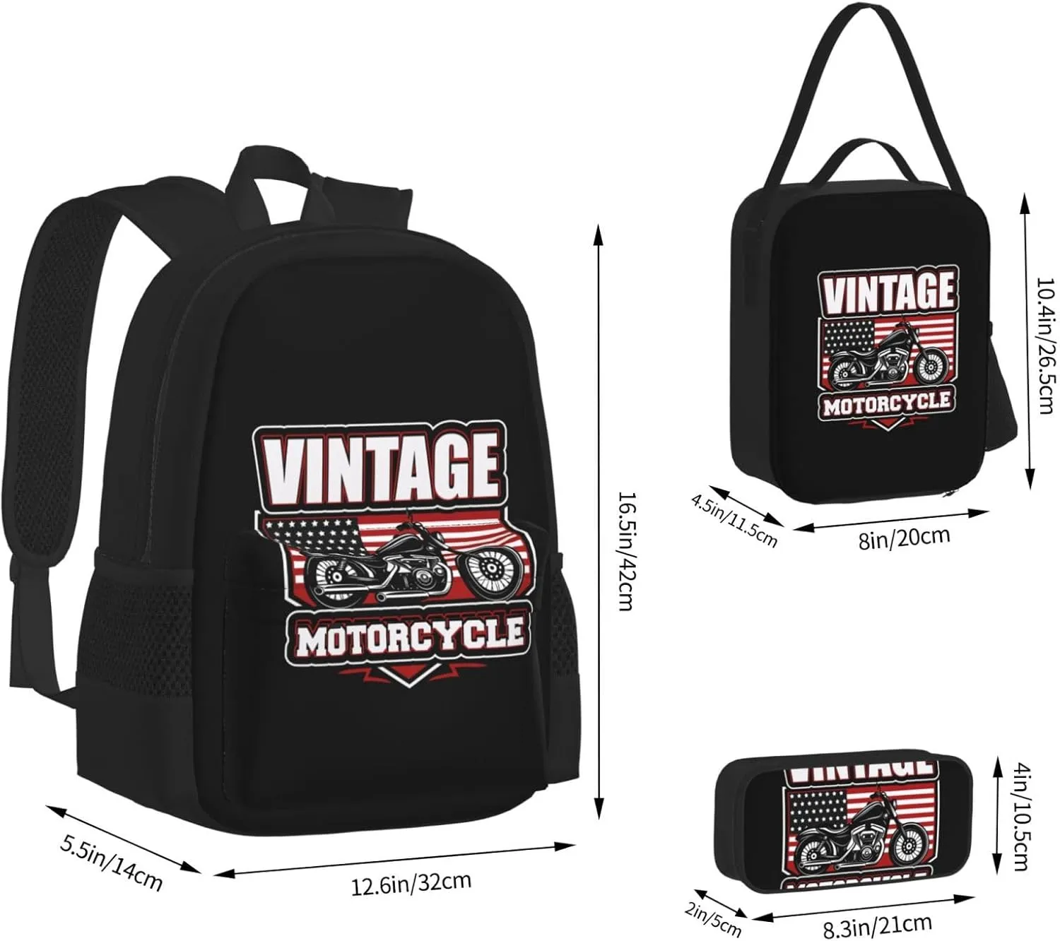 Black White Vintage Motorcycle With American Flag Multifunctional Pocket Backpack Crossbody Lunch Bag Pencil Case 3Pcs Set Large Capacity Backpack