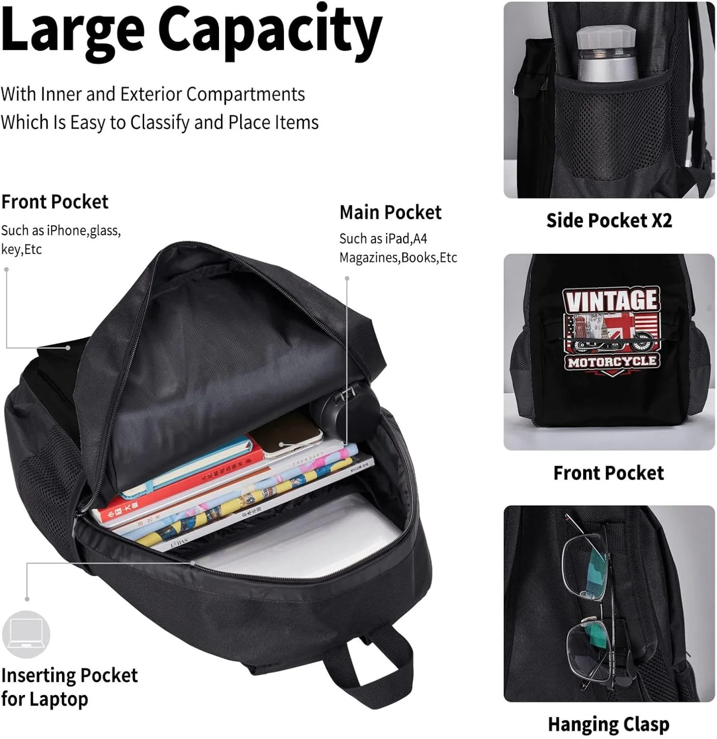 Black White Vintage Motorcycle With American Flag Multifunctional Pocket Backpack Crossbody Lunch Bag Pencil Case 3Pcs Set Large Capacity Backpack