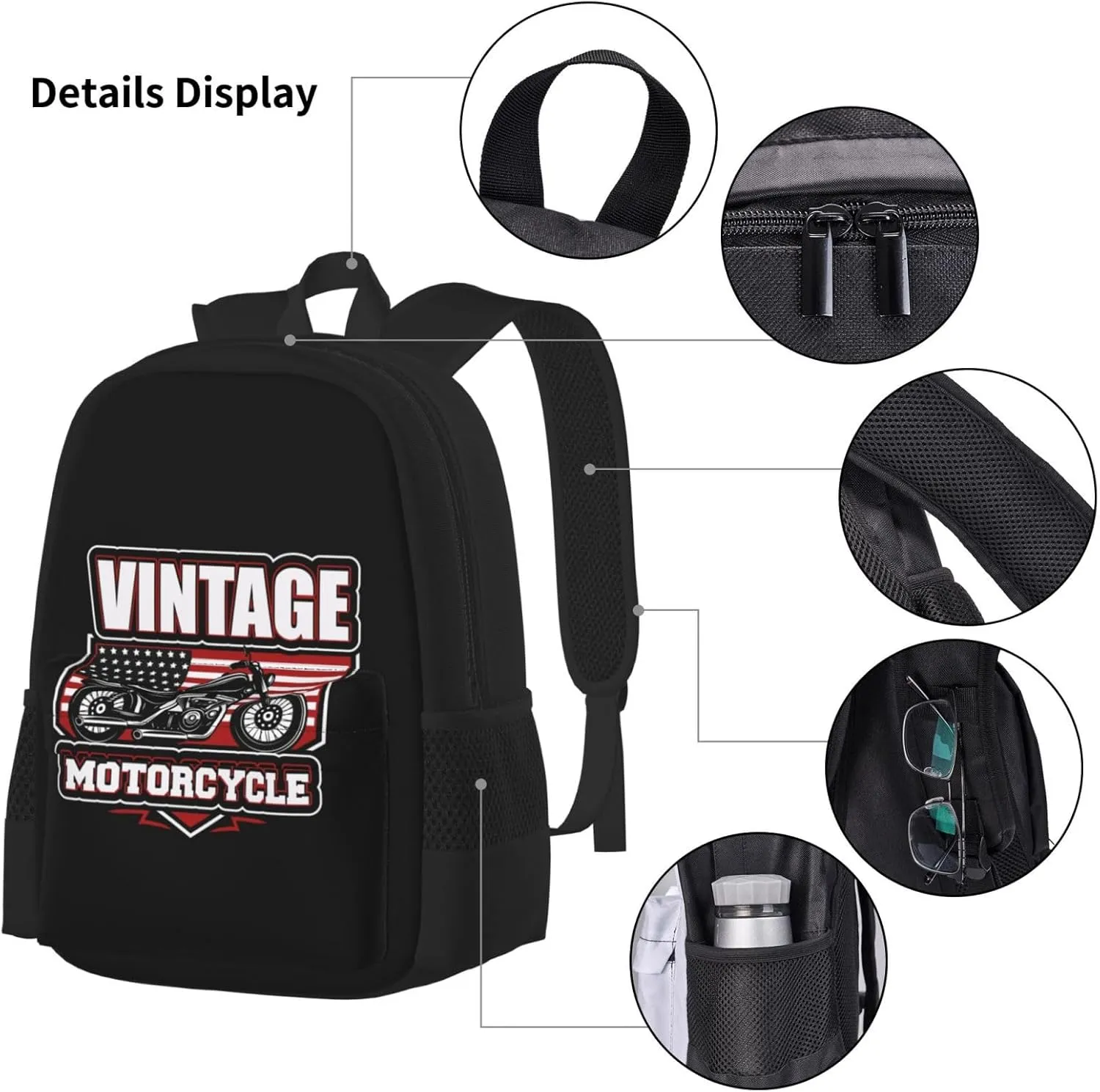 Black White Vintage Motorcycle With American Flag Multifunctional Pocket Backpack Crossbody Lunch Bag Pencil Case 3Pcs Set Large Capacity Backpack