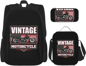 Black White Vintage Motorcycle With American Flag Multifunctional Pocket Backpack Crossbody Lunch Bag Pencil Case 3Pcs Set Large Capacity Backpack