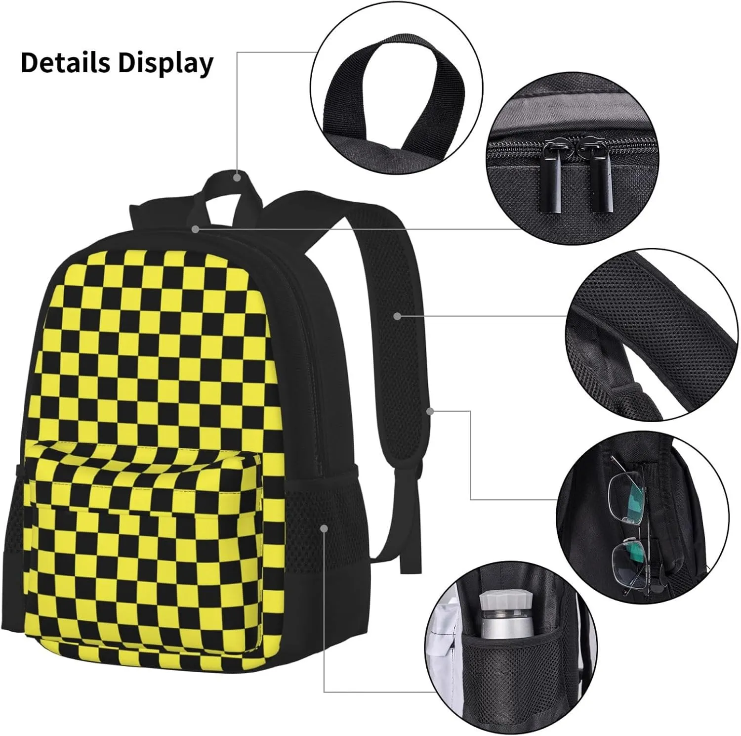 Black yellow Race Checkered Flag Multifunctional Pocket Backpack Crossbody Lunch Bag Pencil Case 3Pcs Set Large Capacity Backpack