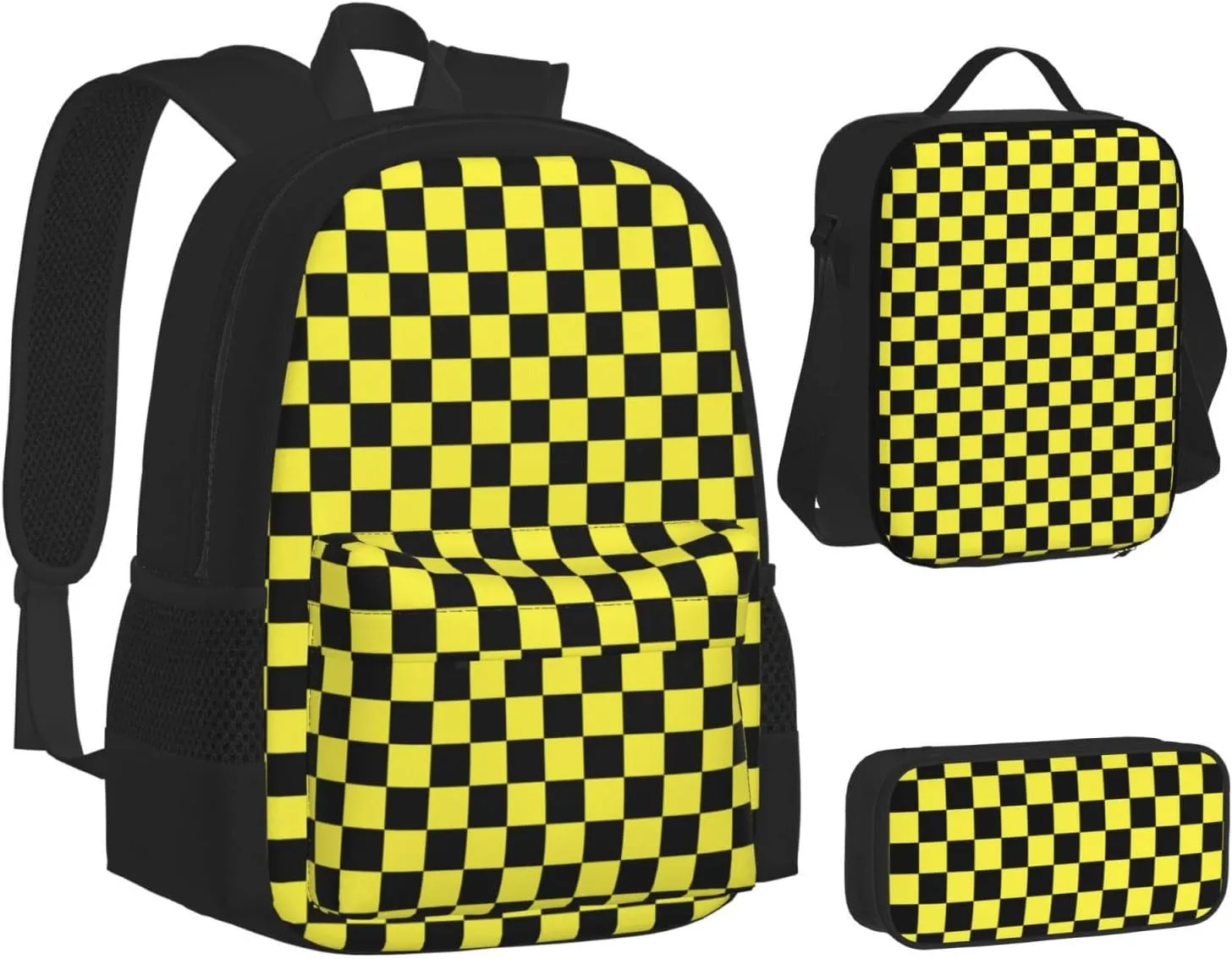 Black yellow Race Checkered Flag Multifunctional Pocket Backpack Crossbody Lunch Bag Pencil Case 3Pcs Set Large Capacity Backpack