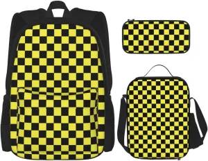 Black yellow Race Checkered Flag Multifunctional Pocket Backpack Crossbody Lunch Bag Pencil Case 3Pcs Set Large Capacity Backpack