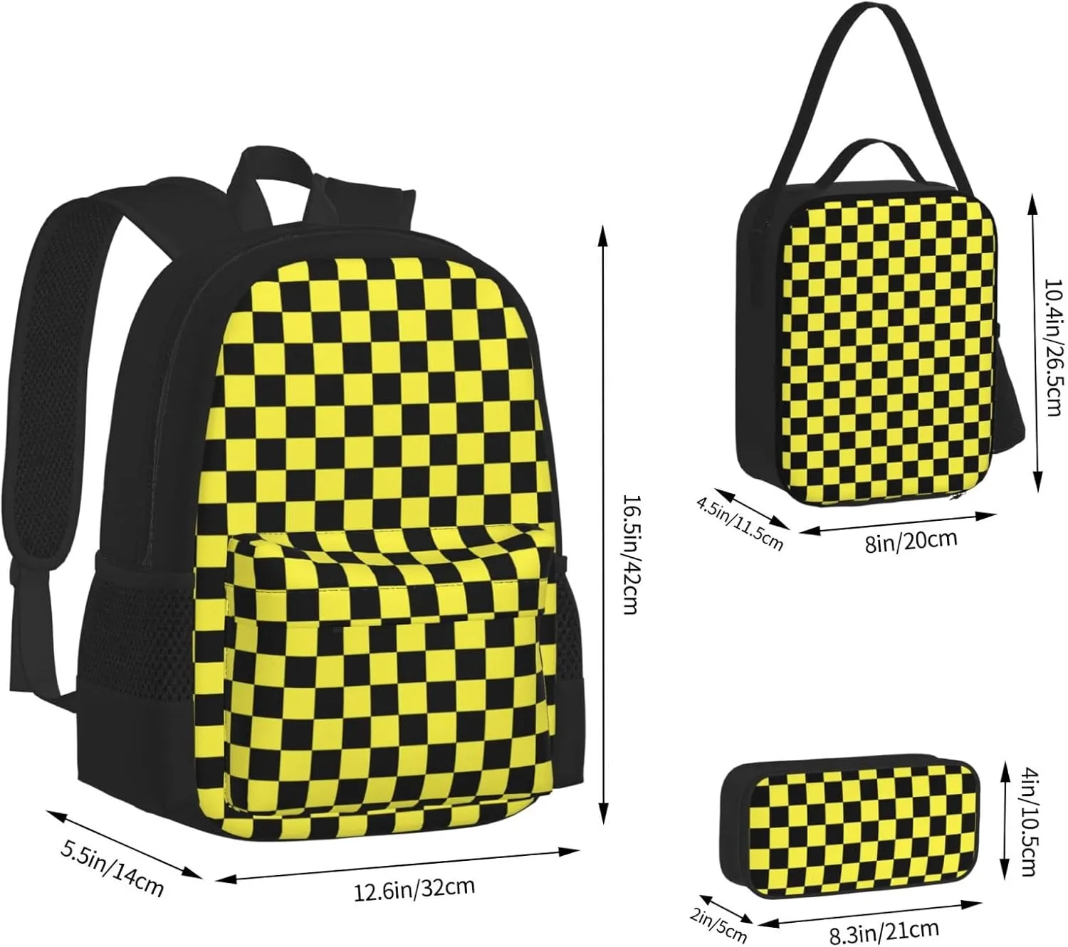 Black yellow Race Checkered Flag Multifunctional Pocket Backpack Crossbody Lunch Bag Pencil Case 3Pcs Set Large Capacity Backpack