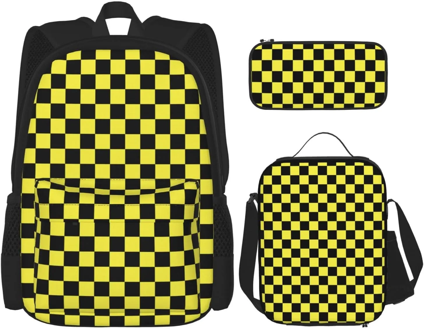 Black yellow Race Checkered Flag Multifunctional Pocket Backpack Crossbody Lunch Bag Pencil Case 3Pcs Set Large Capacity Backpack