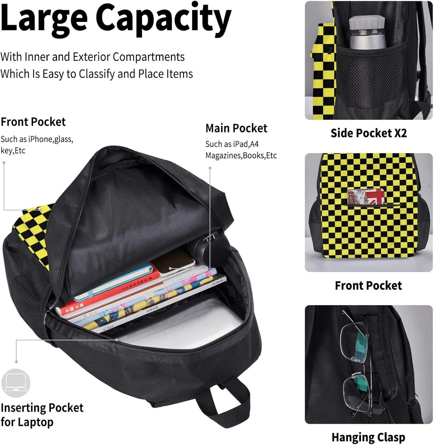 Black yellow Race Checkered Flag Multifunctional Pocket Backpack Crossbody Lunch Bag Pencil Case 3Pcs Set Large Capacity Backpack
