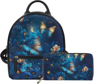 Blue Butterfly Flowers Backpack Purse Set for Women Teen Girls Leather Mini Backpack and Wallet Set for Travel College Daypack Fashion Back Packs for Ladies Small Handbags