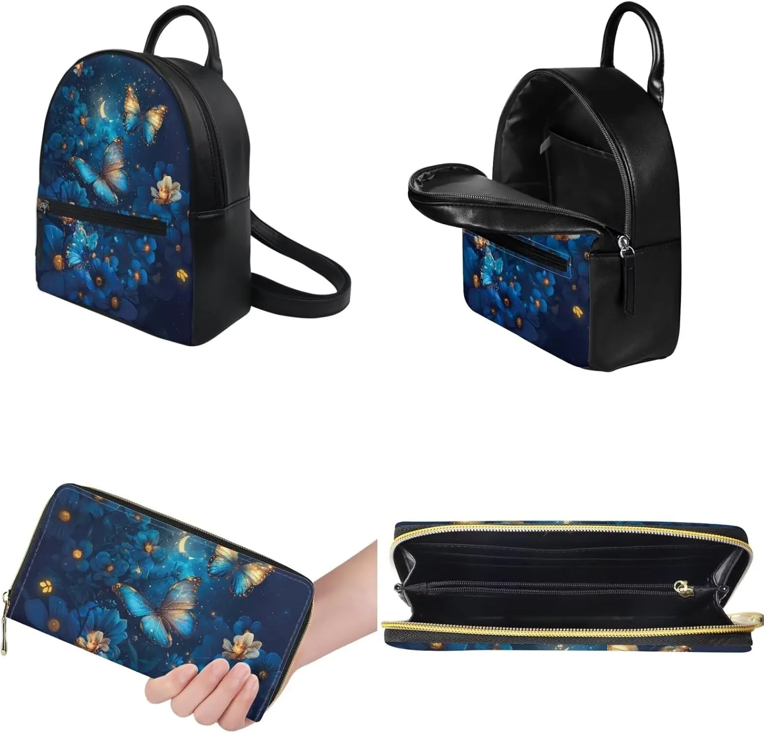 Blue Butterfly Flowers Backpack Purse Set for Women Teen Girls Leather Mini Backpack and Wallet Set for Travel College Daypack Fashion Back Packs for Ladies Small Handbags