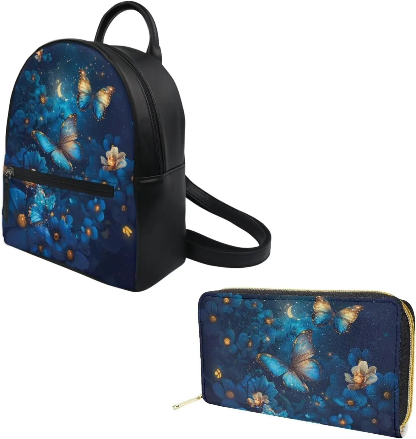 Blue Butterfly Flowers Backpack Purse Set for Women Teen Girls Leather Mini Backpack and Wallet Set for Travel College Daypack Fashion Back Packs for Ladies Small Handbags