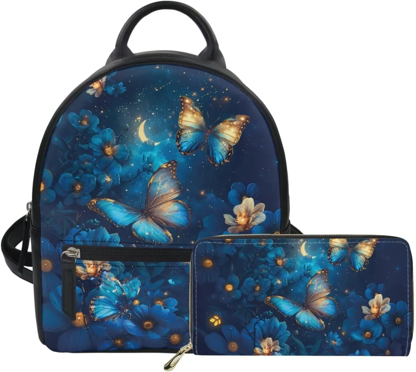 Blue Butterfly Flowers Backpack Purse Set for Women Teen Girls Leather Mini Backpack and Wallet Set for Travel College Daypack Fashion Back Packs for Ladies Small Handbags