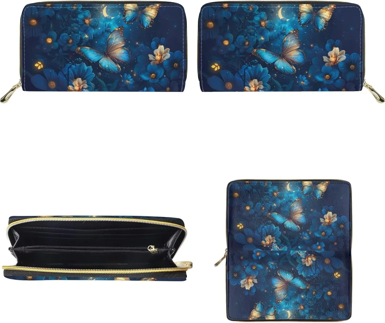 Blue Butterfly Flowers Backpack Purse Set for Women Teen Girls Leather Mini Backpack and Wallet Set for Travel College Daypack Fashion Back Packs for Ladies Small Handbags