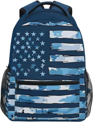 Blue Camouflage American Flag School Kids Backpack for Boys Girls Laptop Backpack Lightweight Travel Bag for Women Men