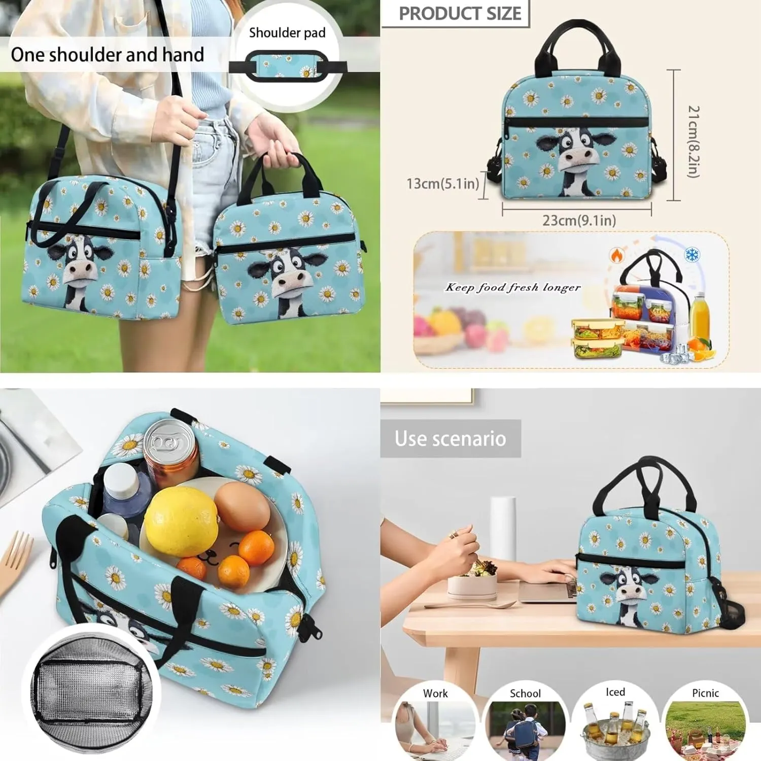 Blue Cow Girls Bookbag with Lunch Box Backpack for 1st Grade Girls Trendy Bookbags with Lunch Bag and Pencil Case for Spring and Fall Trips Kindergarten Casual Daypack